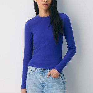 NEW Aritzia Ribbed Crewneck Longsleeve Tshirt In Ablaze Blue, Size Large